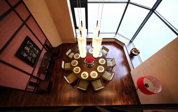 原木米色中式風格100平米復式餐廳吊頂裝修效果圖