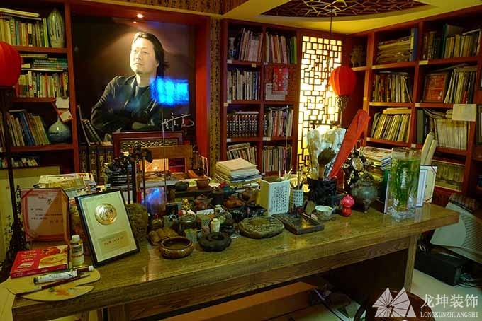 質樸雅致中式風格90平米復式書房背景墻裝修效果圖
